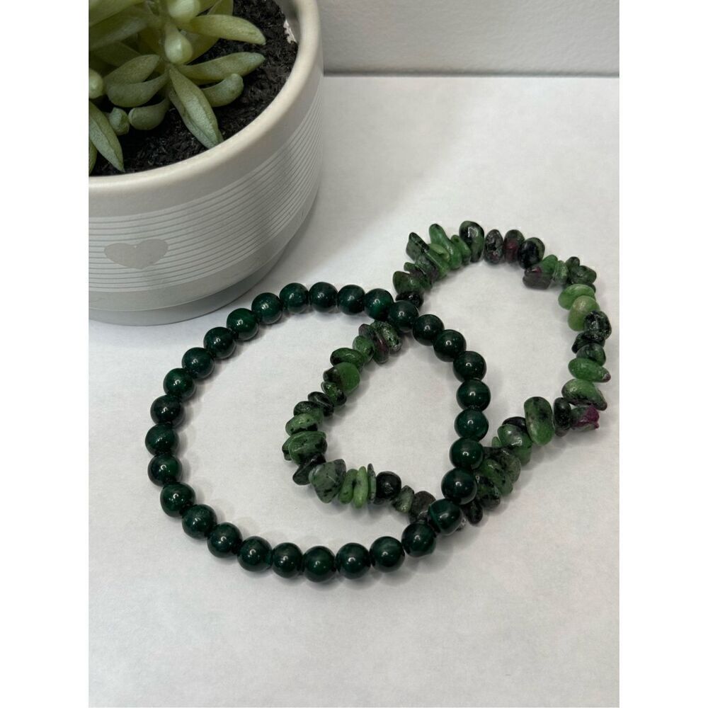 Malachite + Ruby Zoisite Gemstone Beaded Stretch … - image 2